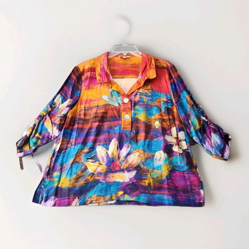 John Mark Womens Sz PM Colorful Floral Tunic Top Boho Art To Wear Watercolor NWT